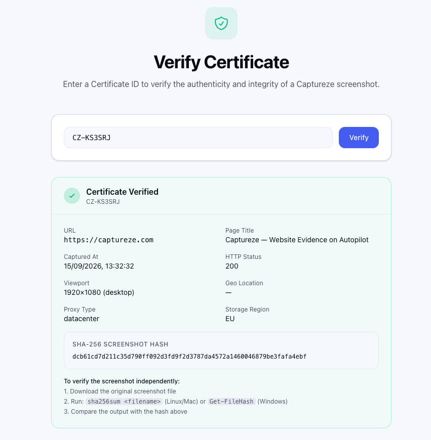 Captureze verification page confirming a certificate, showing the captured URL, timestamp, HTTP status, viewport, proxy type, storage region and the SHA-256 hash of the screenshot