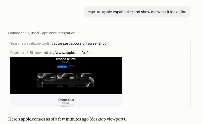 Claude answering a one-sentence request by returning a screenshot of Apple's Spanish homepage, captured through the Captureze connector