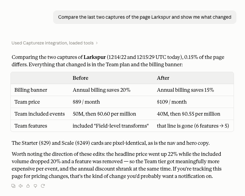 Claude comparing two captures of a pricing page and listing what changed: the billing discount, the headline price, the included volume and a removed feature